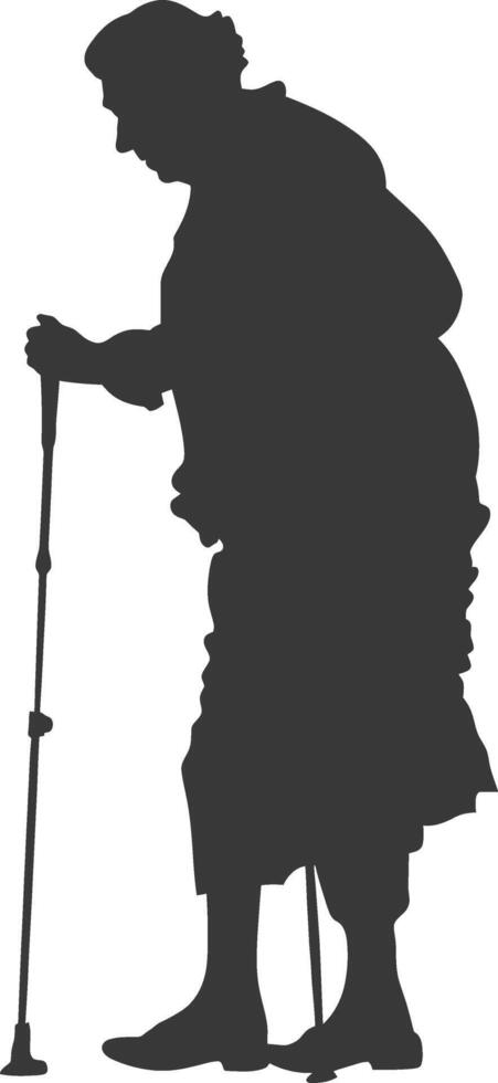silhouette elderly woman with walking stick full body black color only vector