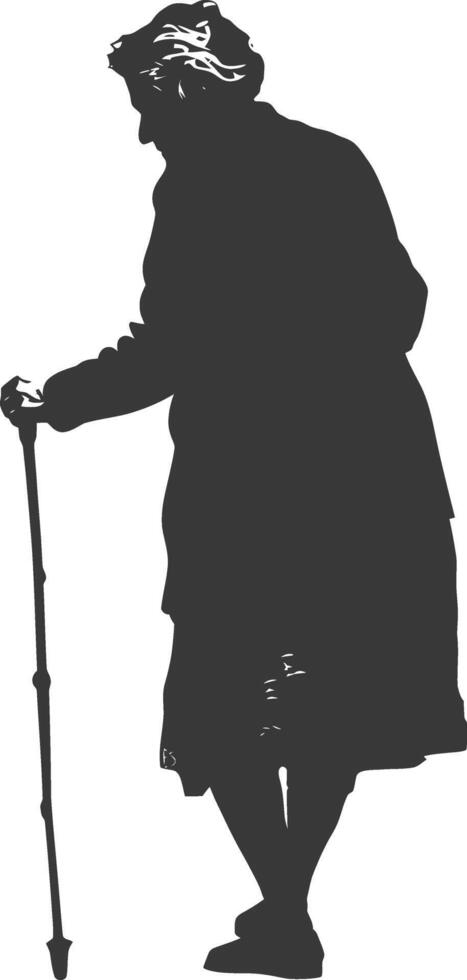 silhouette elderly woman with walking stick full body black color only vector