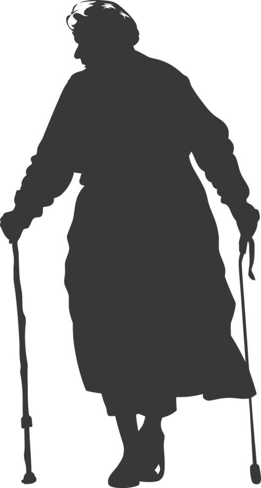 silhouette elderly woman with walking stick full body black color only vector