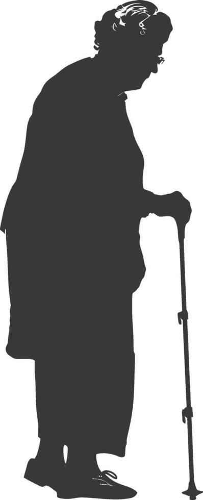 silhouette elderly woman with walking stick full body black color only vector
