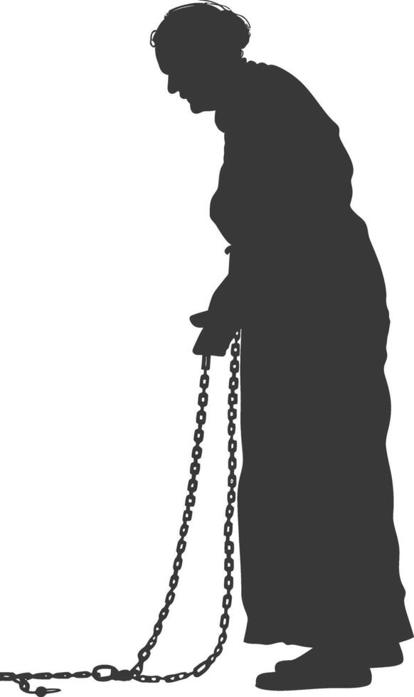 silhouette elderly woman slave with shackle full body black color only vector
