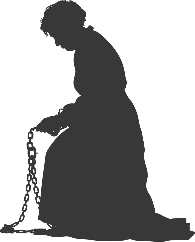 silhouette elderly woman slave with shackle full body black color only vector