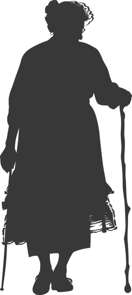 silhouette elderly woman with walking stick full body black color only vector