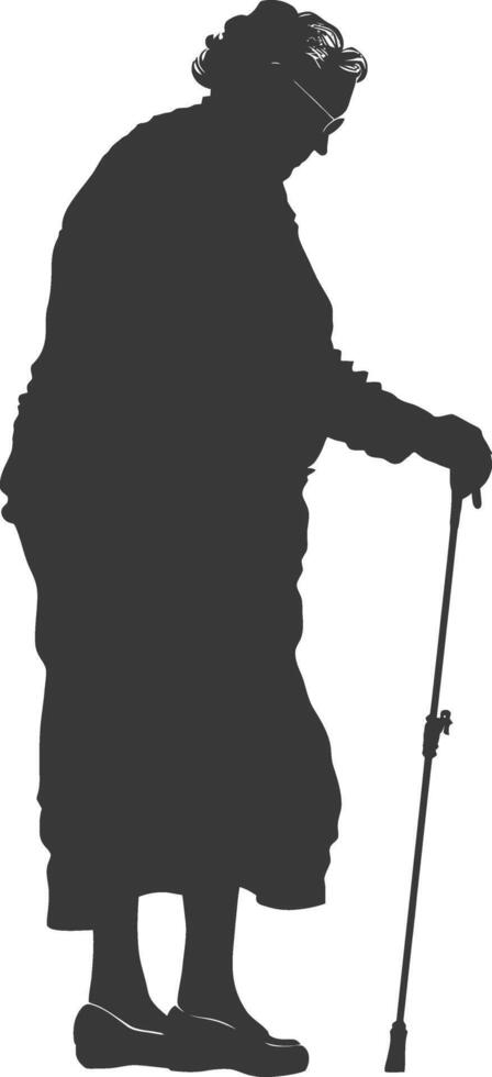 silhouette elderly woman with walking stick full body black color only vector
