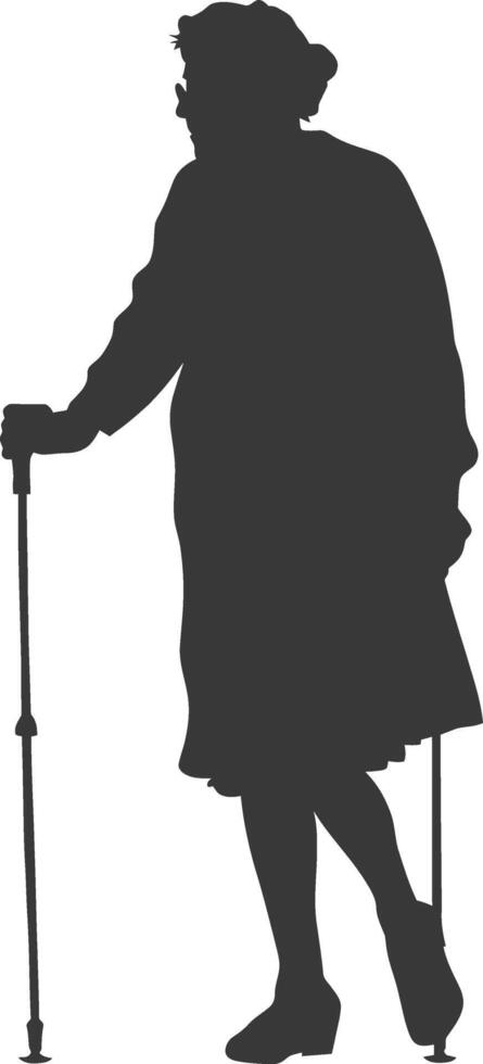 silhouette elderly woman with walking stick full body black color only vector