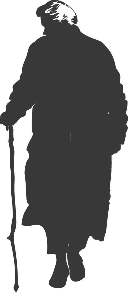 silhouette elderly woman with walking stick full body black color only vector