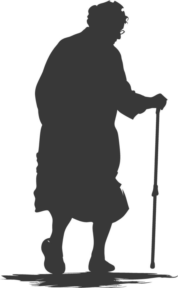 silhouette elderly woman with walking stick full body black color only vector