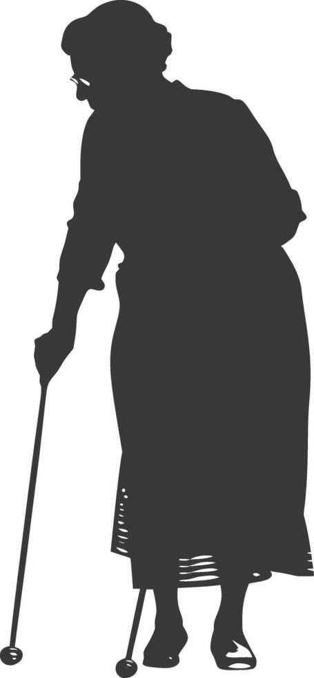 silhouette elderly woman with walking stick full body black color only vector