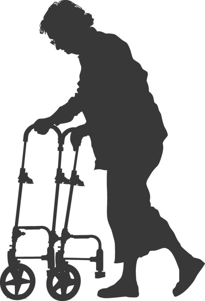 silhouette elderly woman with walking frames full body black color only vector