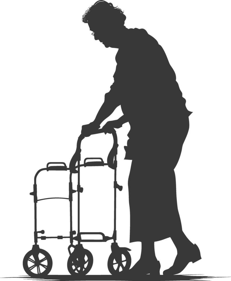 silhouette elderly woman with walking frames full body black color only vector