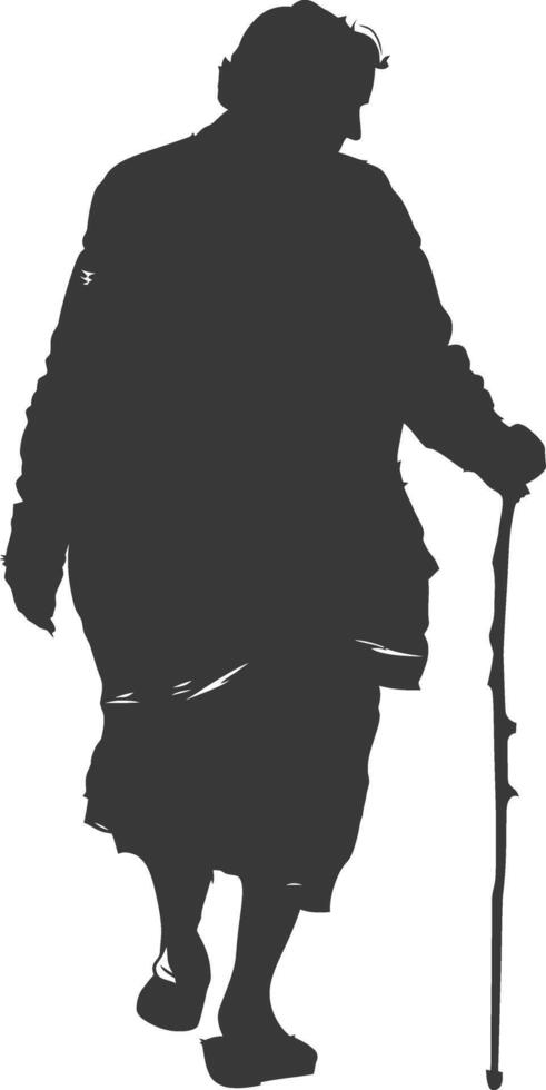 silhouette elderly woman with walking stick full body black color only vector