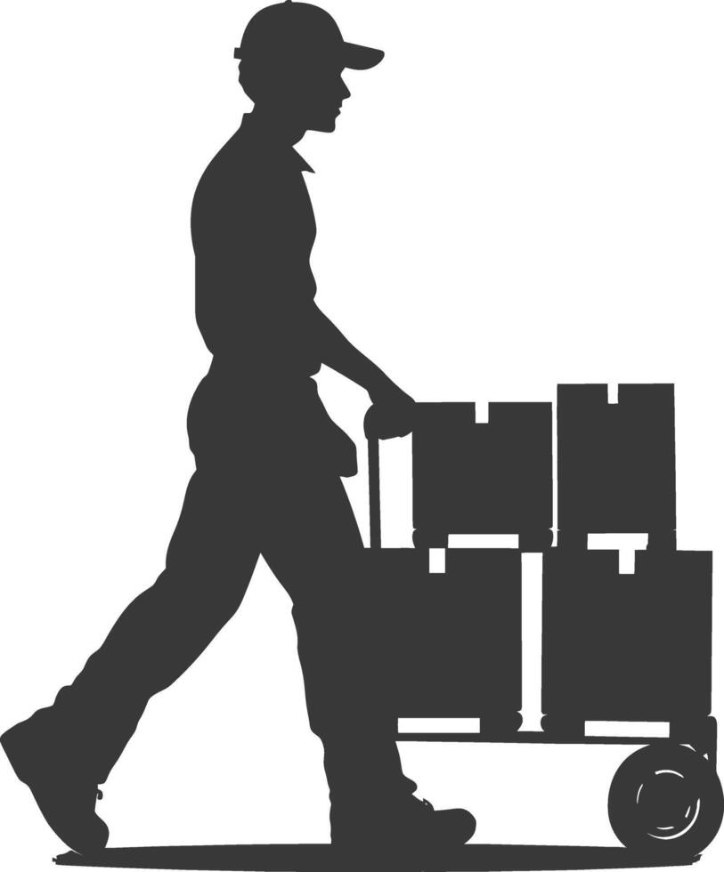 silhouette man carry goods in loader box full body black color only vector