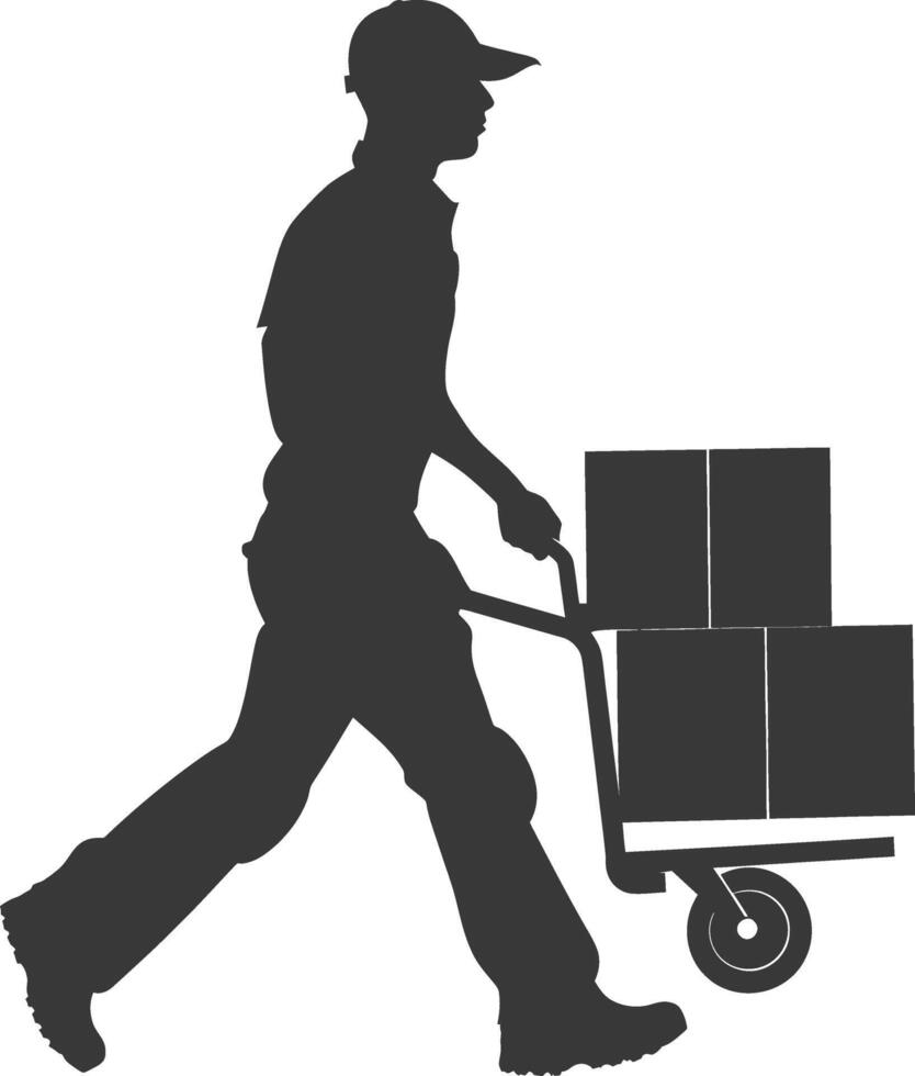 silhouette man carry goods in loader box full body black color only vector