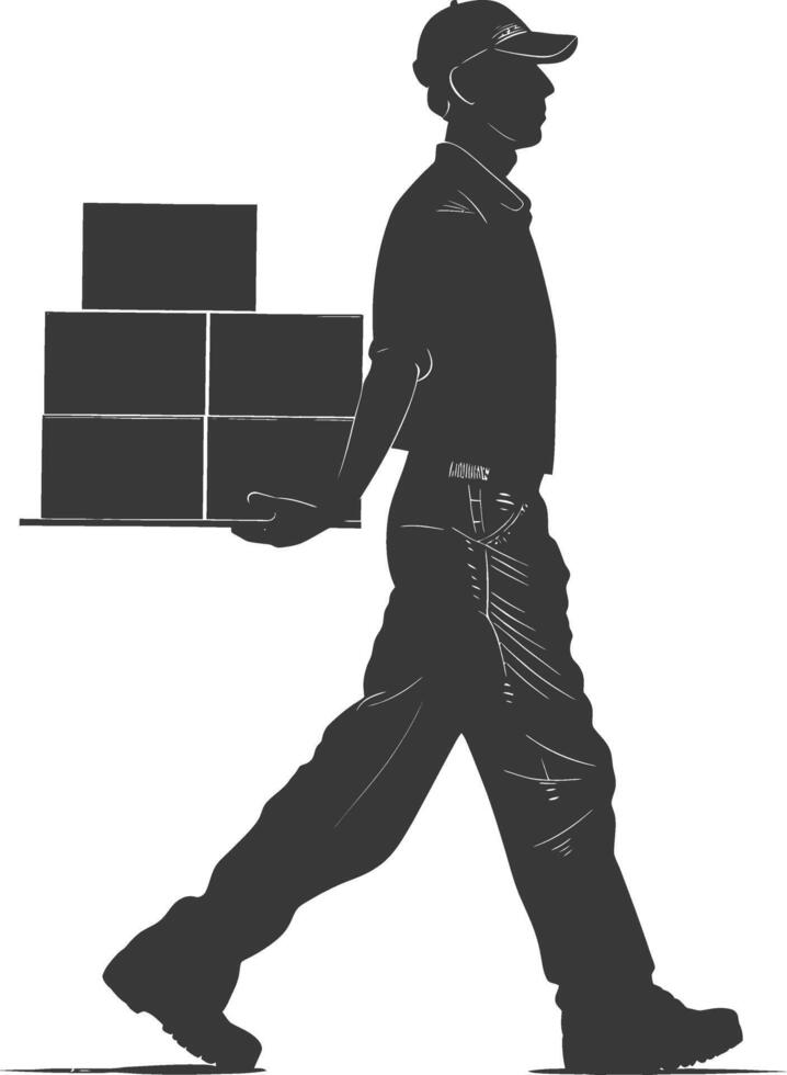 silhouette man carry goods in loader box full body black color only vector