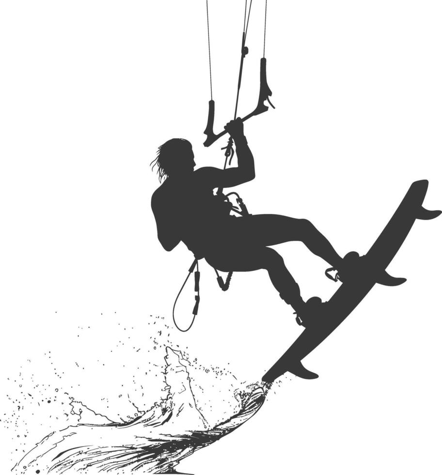 silhouette kitesurfing man athlete in action full body black color only vector
