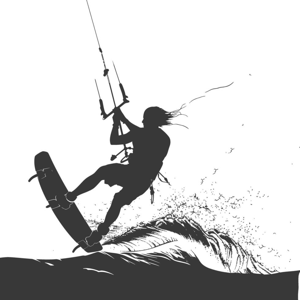 silhouette kitesurfing man athlete in action full body black color only vector