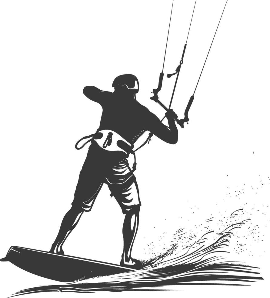 silhouette kitesurfing man athlete in action full body black color only vector