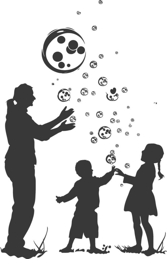 silhouette happy family playing soap bubbles full body black color only vector