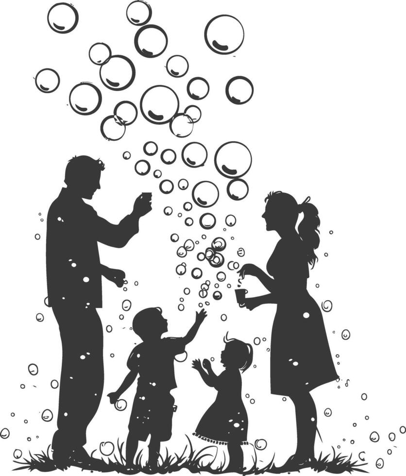 silhouette happy family playing soap bubbles full body black color only vector