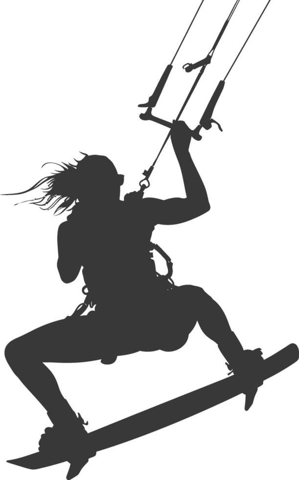 silhouette kitesurfing woman athlete in action full body black color only vector