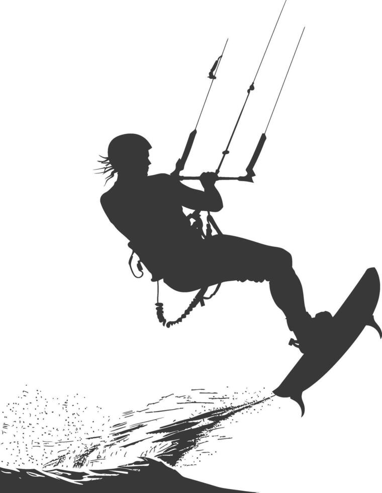 silhouette kitesurfing man athlete in action full body black color only vector