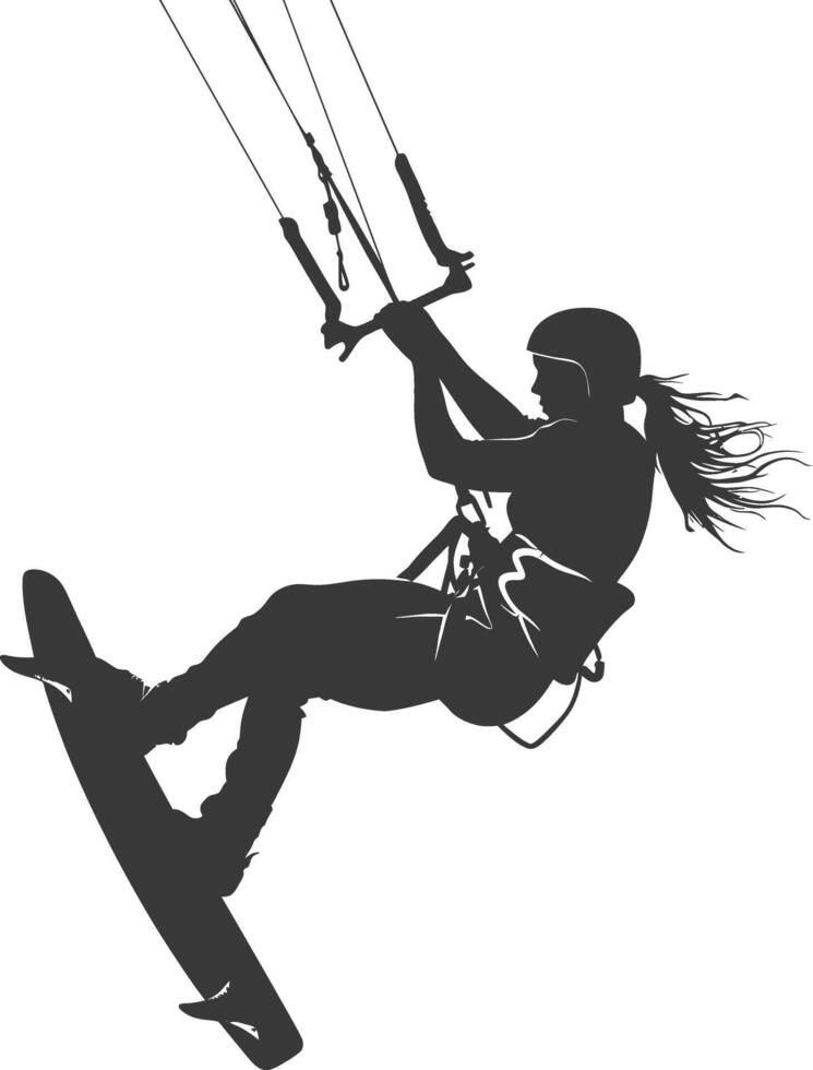 silhouette kitesurfing woman athlete in action full body black color only vector