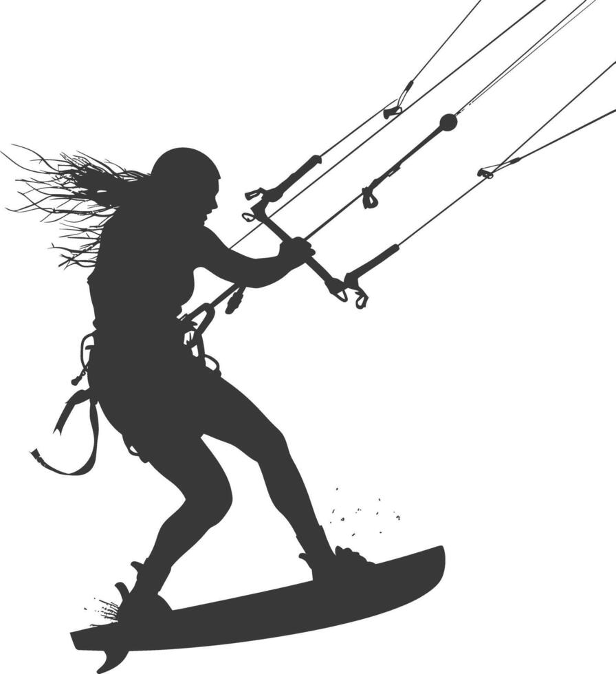 silhouette kitesurfing woman athlete in action full body black color only vector