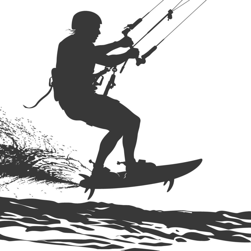 silhouette kitesurfing woman athlete in action full body black color only vector