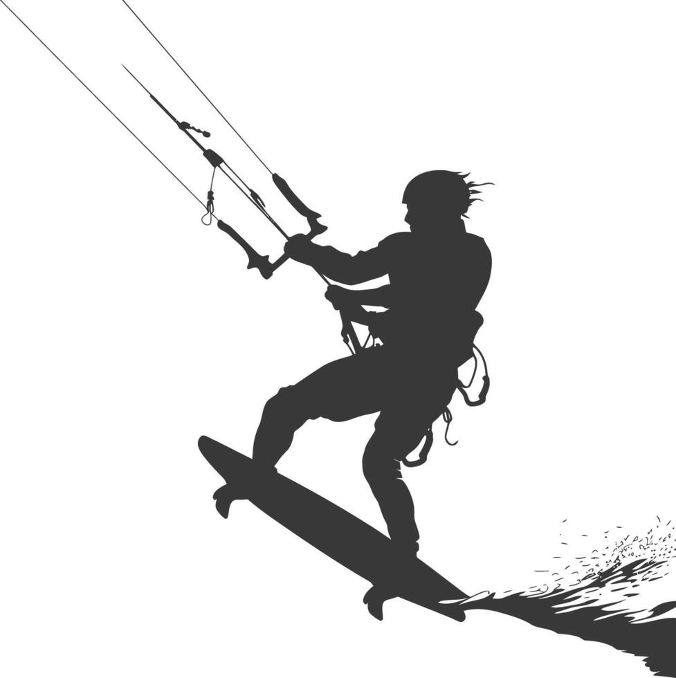 silhouette kitesurfing man athlete in action full body black color only vector