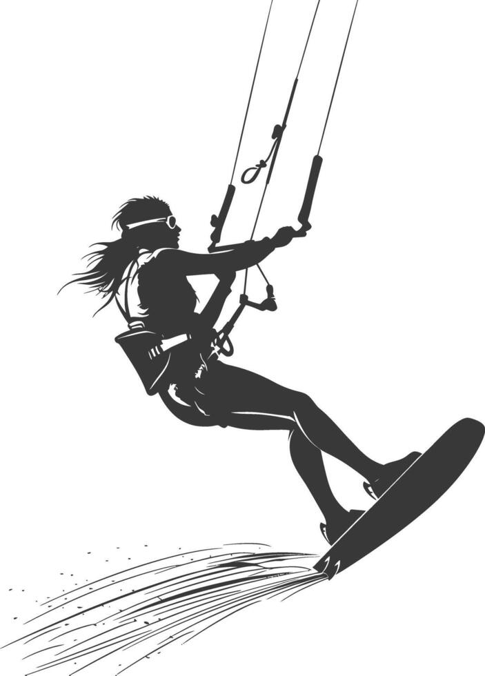 silhouette kitesurfing woman athlete in action full body black color only vector