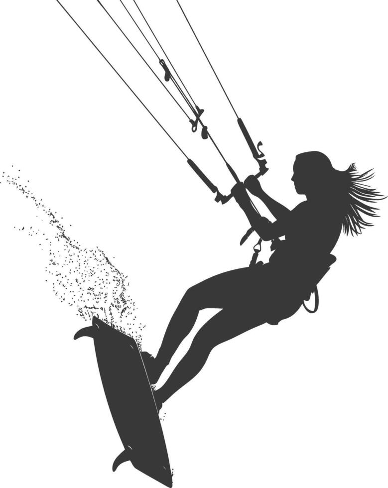 silhouette kitesurfing woman athlete in action full body black color only vector