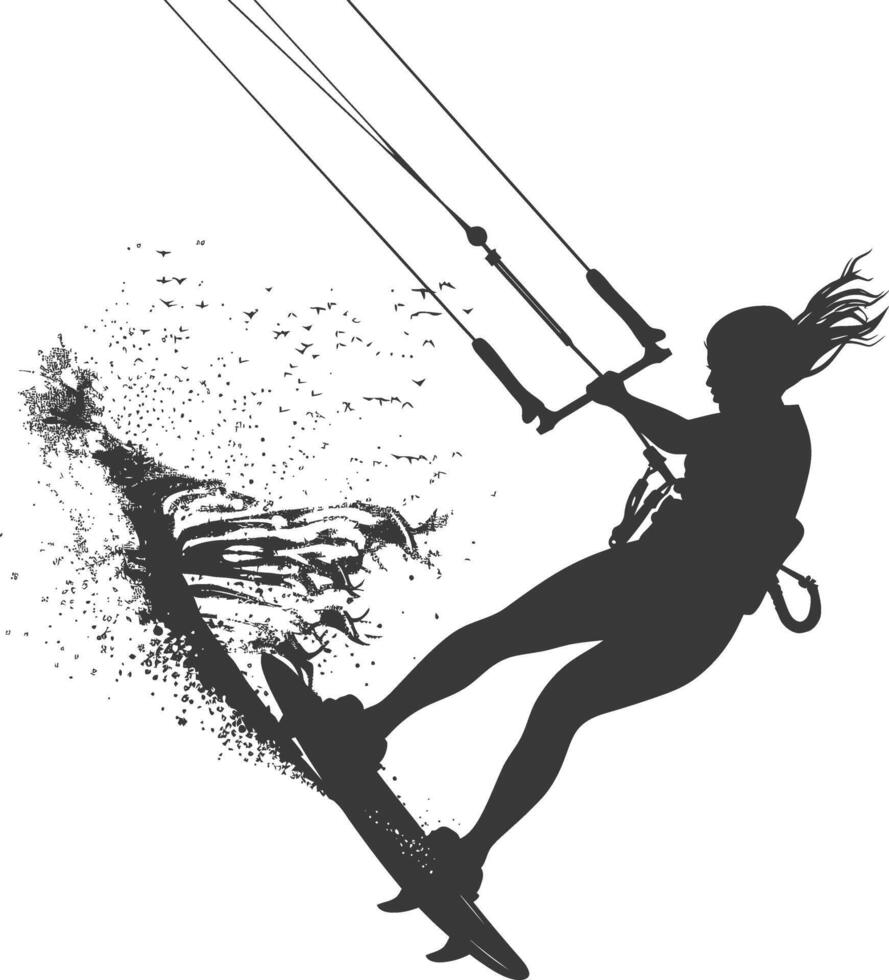 silhouette kitesurfing woman athlete in action full body black color only vector
