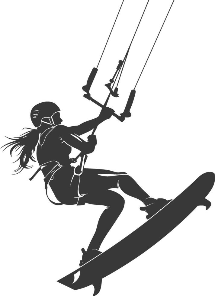 silhouette kitesurfing woman athlete in action full body black color only vector