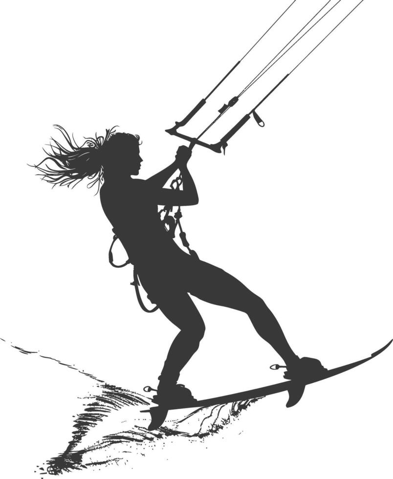 silhouette kitesurfing woman athlete in action full body black color only vector