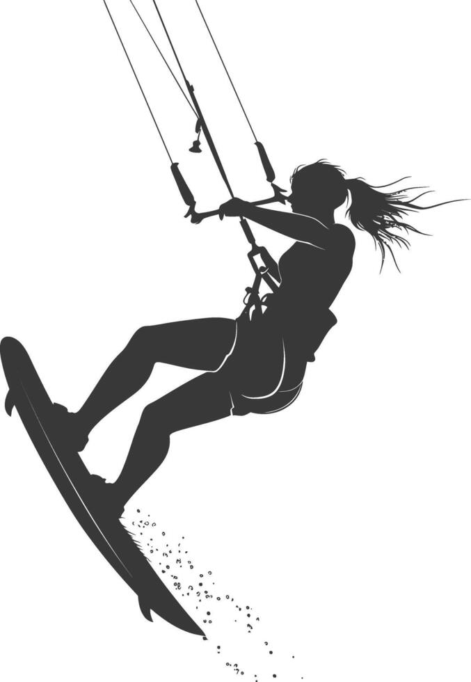 silhouette kitesurfing woman athlete in action full body black color only vector