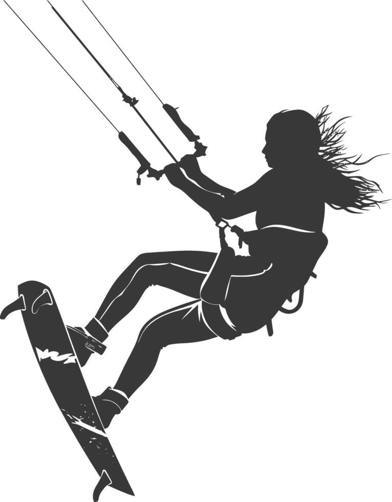silhouette kitesurfing woman athlete in action full body black color only vector
