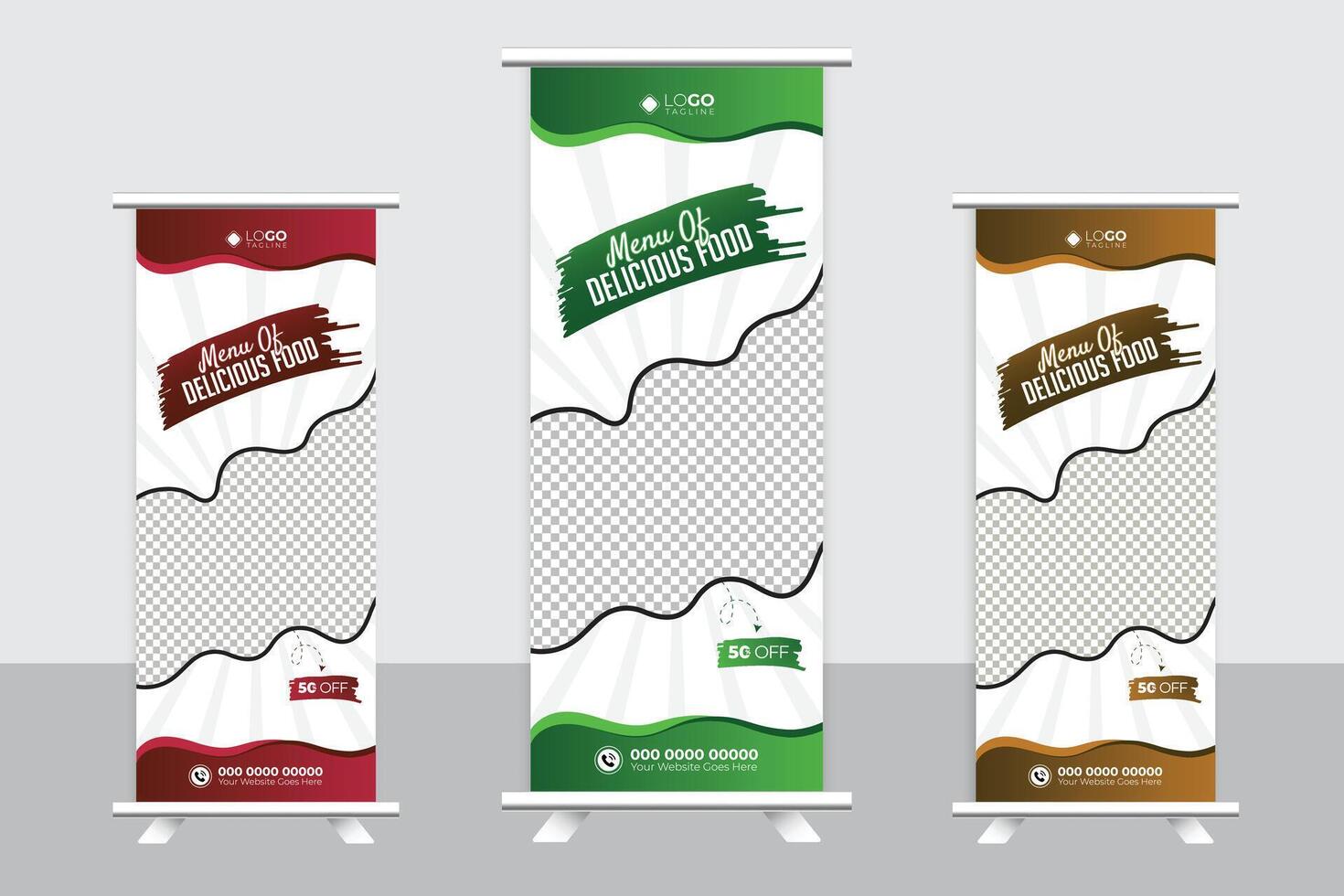Delicious food menu roll up banner template, Restaurant promotional pull up banner design, Promo stand vector