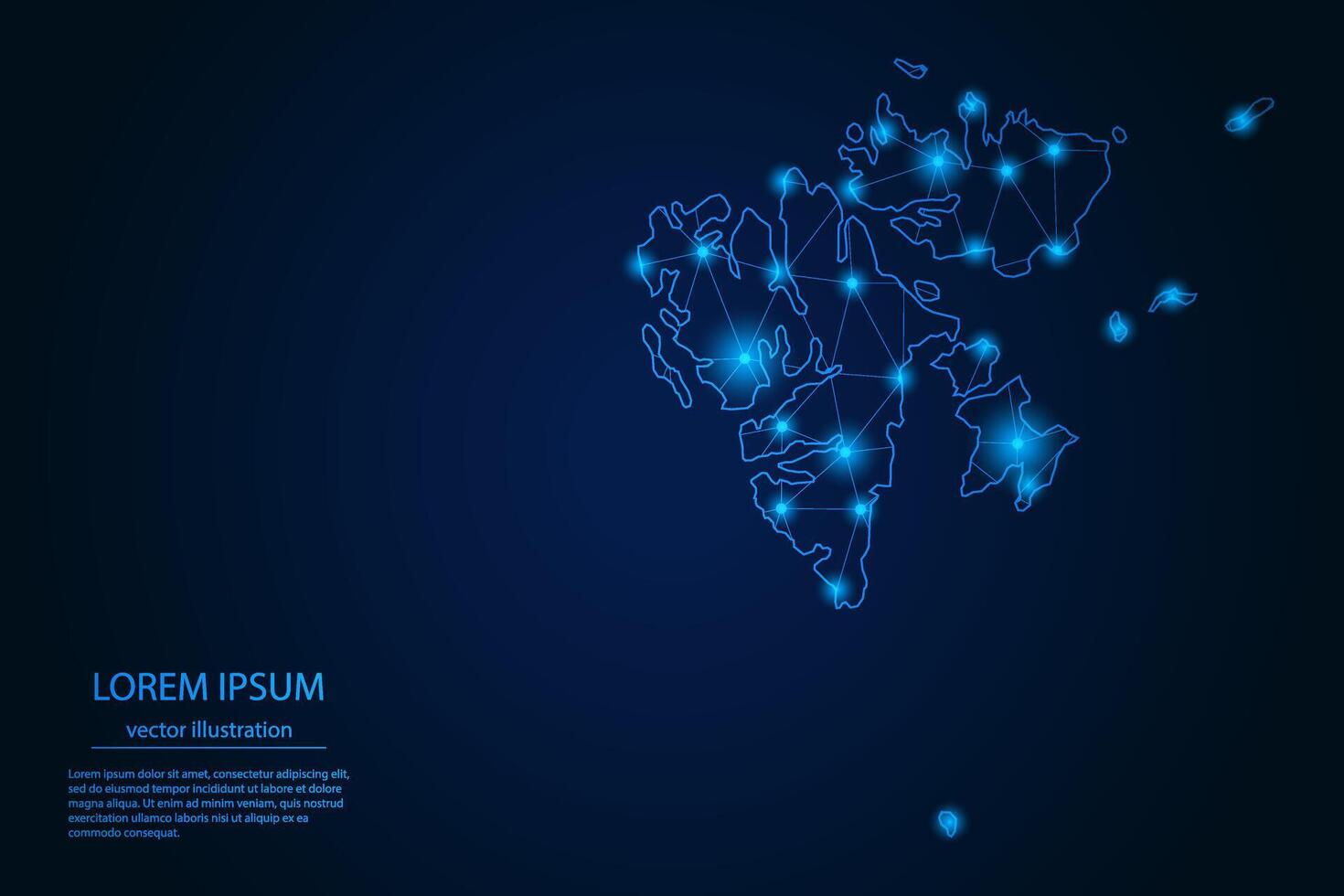 Abstract image Svalbard map - With Blue Glow Dots And Lines On Dark Gradient Background, 3D Mesh Polygon Network Connection. vector