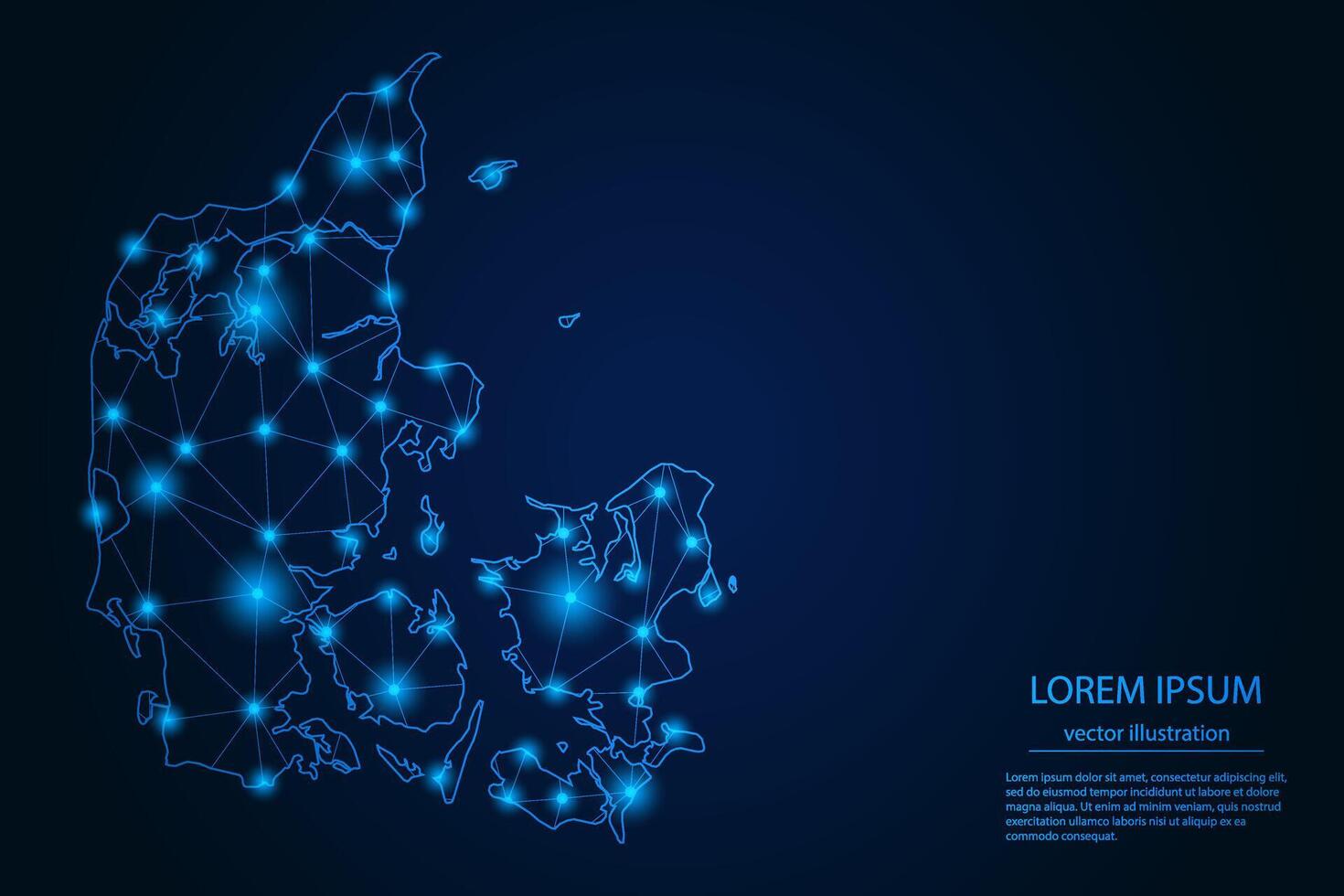 Abstract image Denmark map - With Blue Glow Dots And Lines On Dark Gradient Background, 3D Mesh Polygon Network Connection. vector