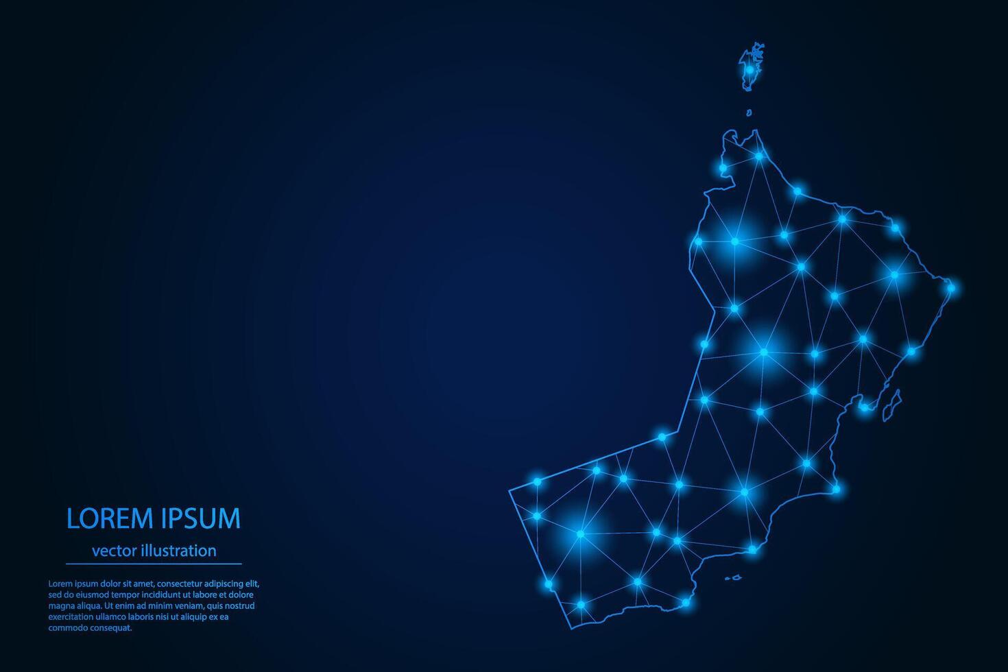 Abstract image Oman map - With Blue Glow Dots And Lines On Dark Gradient Background, 3D Mesh Polygon Network Connection. vector