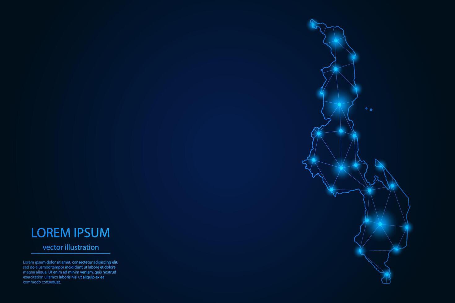 Abstract image Malawi map - With Blue Glow Dots And Lines On Dark Gradient Background, 3D Mesh Polygon Network Connection. vector