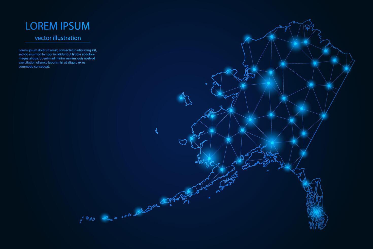 Abstract image Alaska map - With Blue Glow Dots And Lines On Dark Gradient Background, 3D Mesh Polygon Network Connection. vector