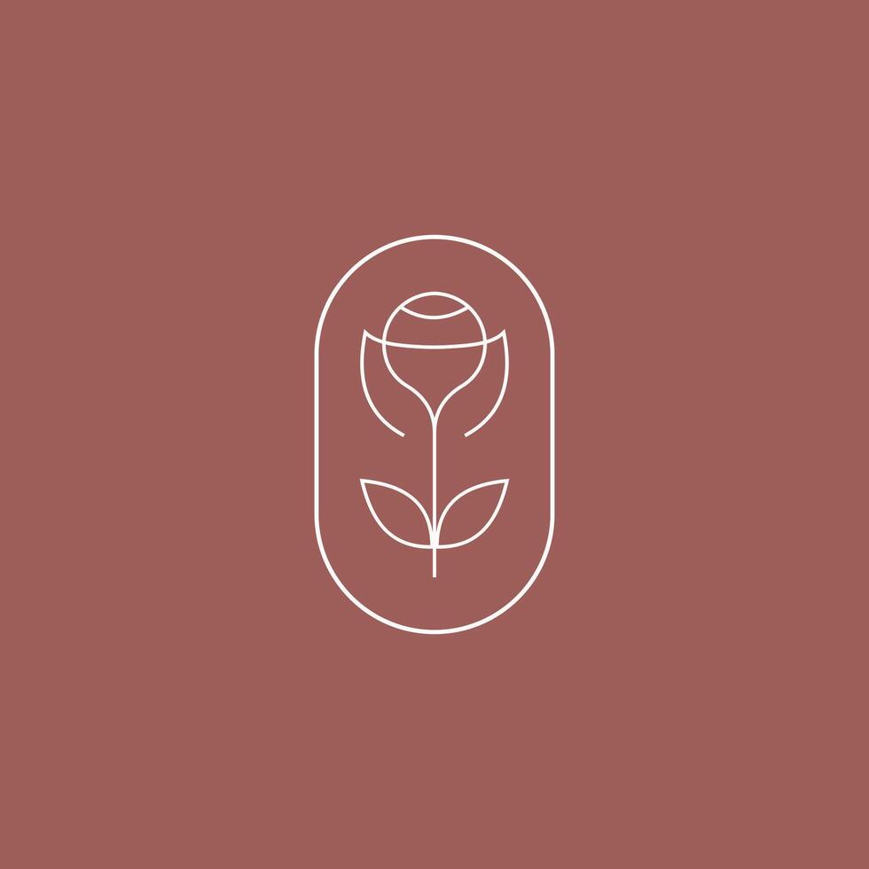 Rose flower petal line and branch with leaves logo emblem design template illustration simple minimal linear style vector