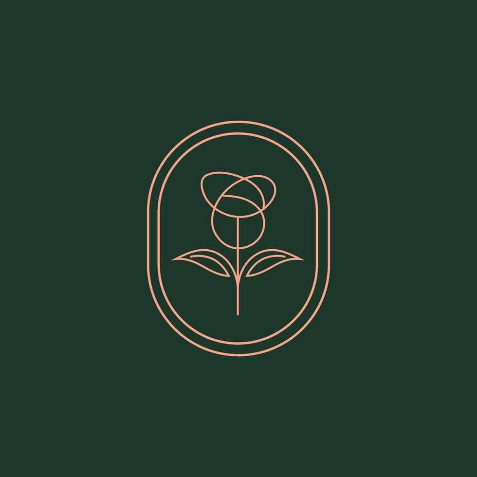 Rose flower petal line and branch with leaves logo emblem design template illustration simple minimal linear style vector
