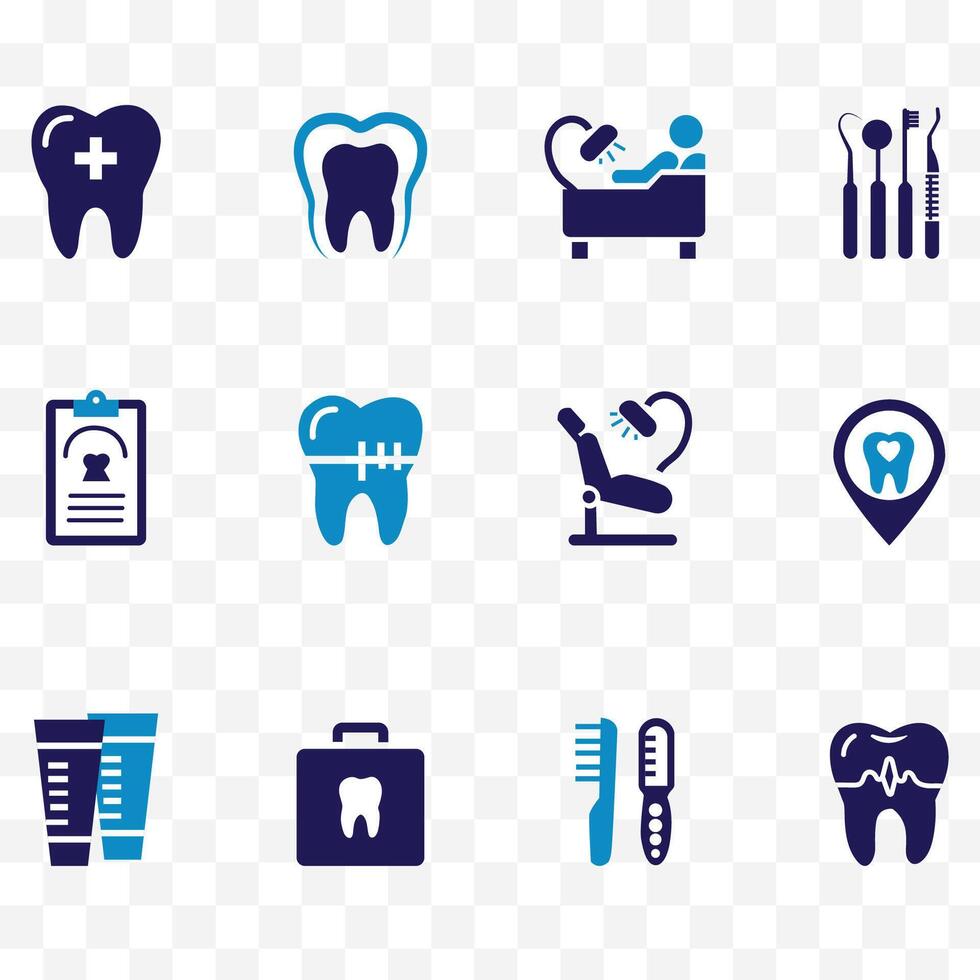 Dental icon set. Containing tooth, dentist, toothpaste, toothbrush, teeth, implant and dentistry icons. Solid icon collection. illustration. vector