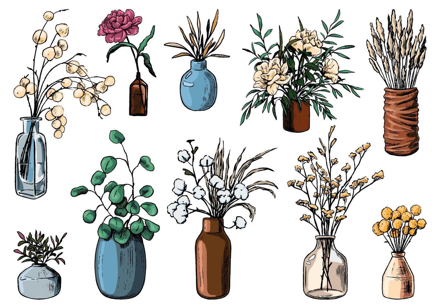 Collection of varied vases, bottles and jars of flowers and plants. Hand drawn illustration vintage botanical set. Decorative floral elements isolated in white. vector