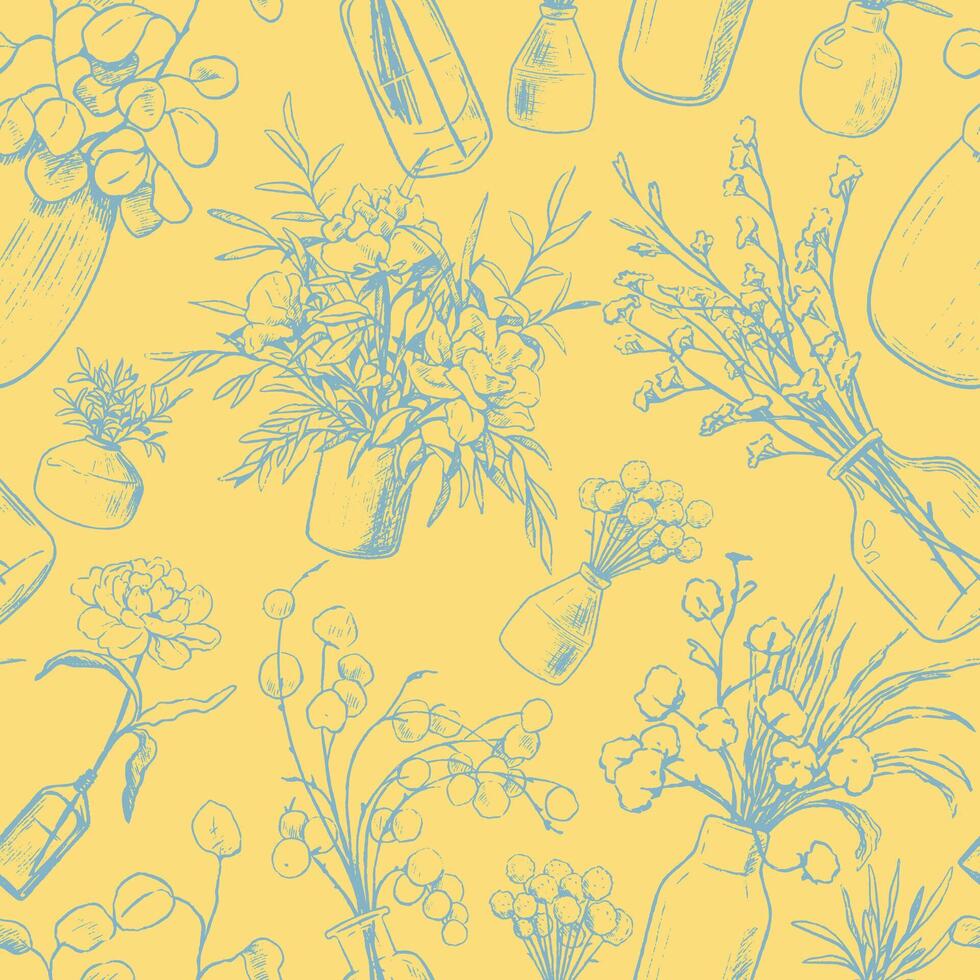 Hand drawn seamless pattern of vases, bottles, and jars of flowers and plants. Gentle floral ornament of vintage sketches. vector