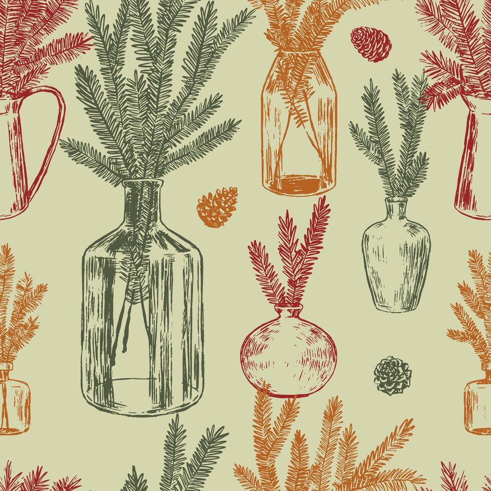 Ornament of jars with fir tree branches and cones. Christmas tree twigs in vases. Abstract seamless pattern. Retro style design. vector