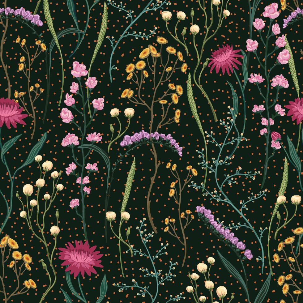 Wild flowers hand drawn seamless pattern. Abstract botanical sketches of field plants. Vintage floral background. vector