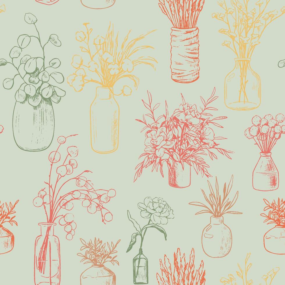 Hand drawn seamless pattern of vases, bottles, and jars of flowers and plants. Gentle floral ornament of vintage sketches. vector
